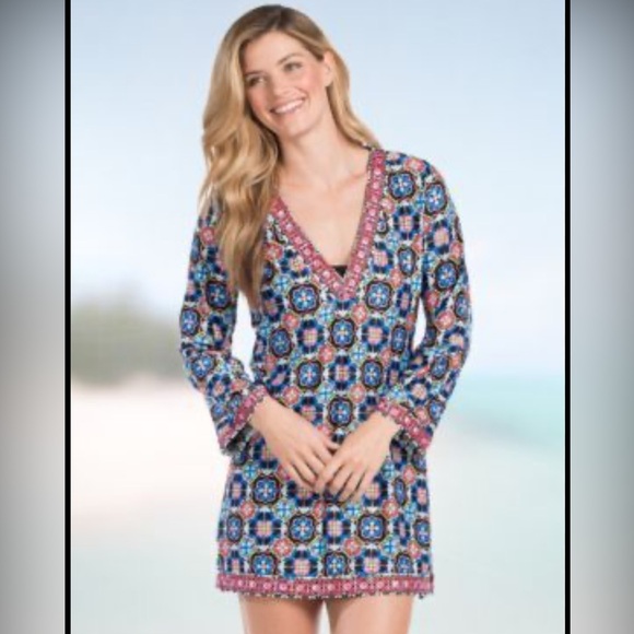 La Blanca Other - La Blanca Swim Cover Up Tunic Dress V-Neck Beach Mosaic‎ Floral Womens Large